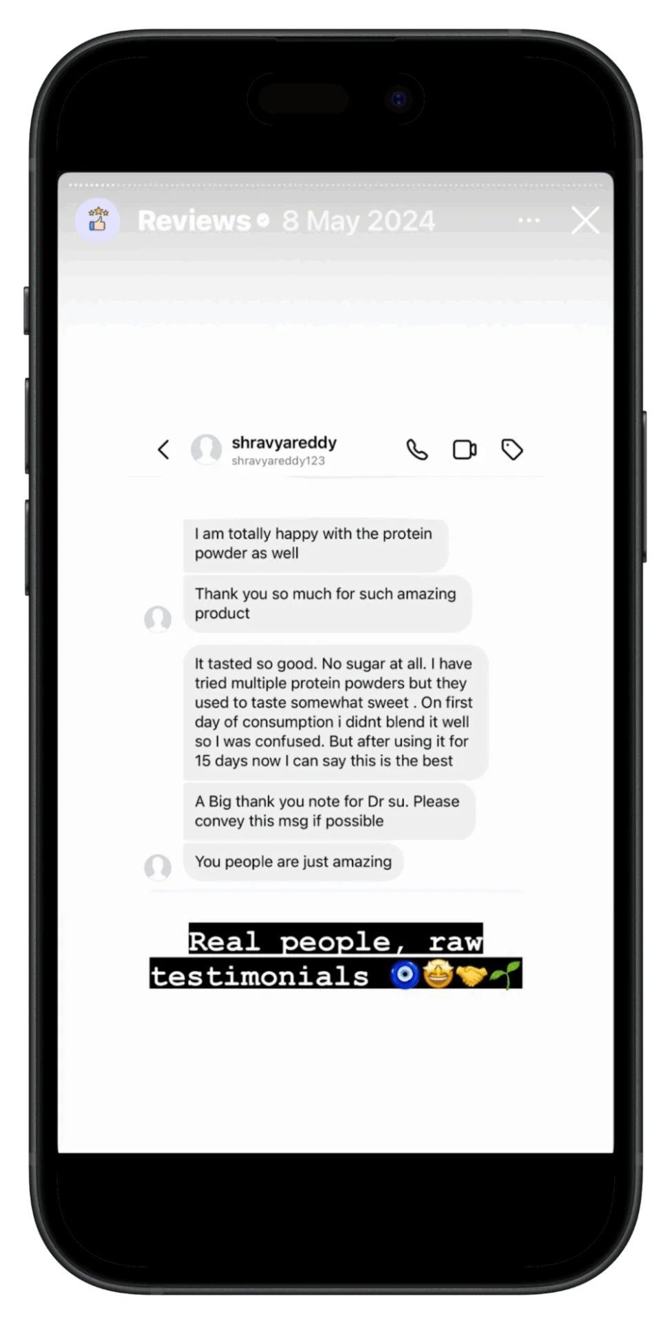 Example of using an Instagram Story to share a positive customer review and testimonial, showcasing social proof for a protein powder product