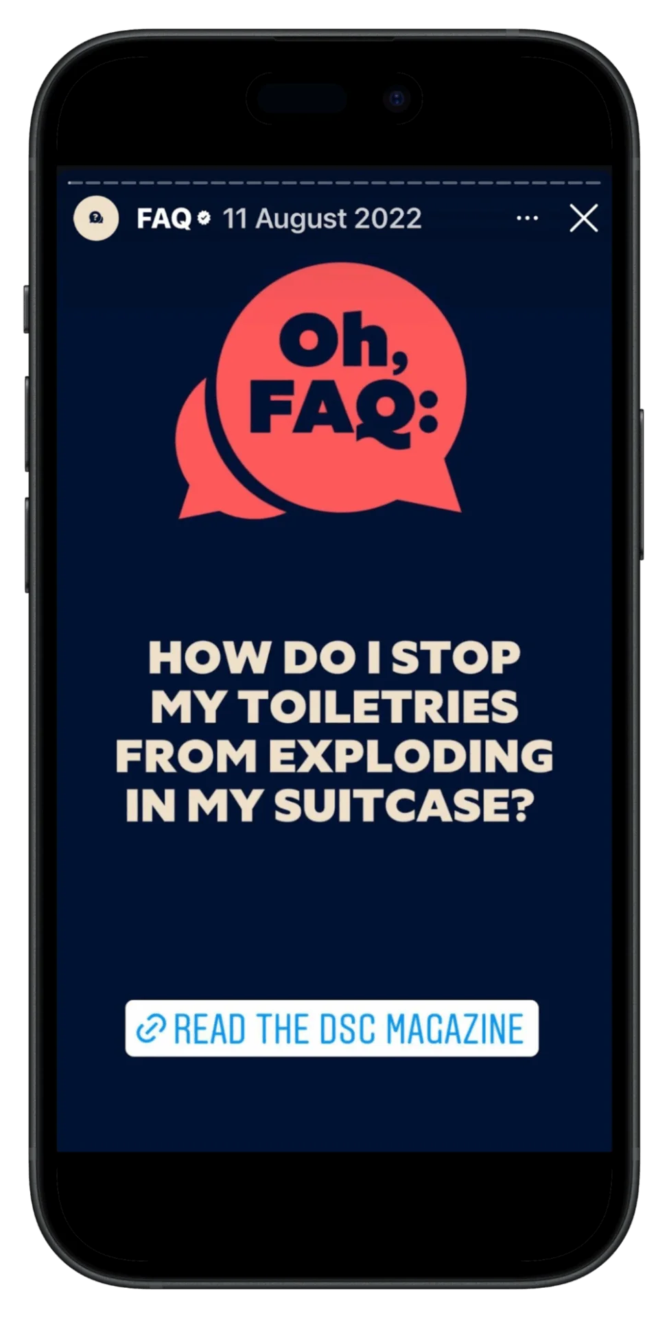 Example of a humorous Instagram Story FAQ from a brand, engaging followers with a relatable travel problem and linking to a blog