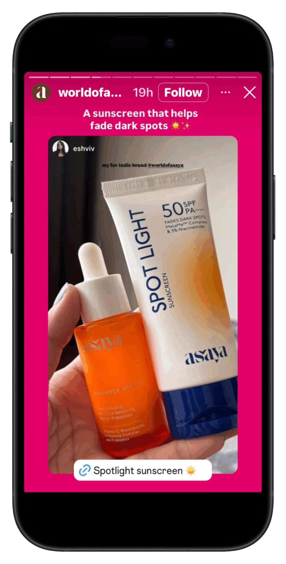 Example of an Instagram Story resharing user-generated content from a customer raving about a dark spot-fading sunscreen