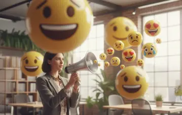 Ein Vermarkter umgeben von schwebenden Emojis, die zeigen, wie Marken Emojis für die Kommunikation in den sozialen Medien nutzen