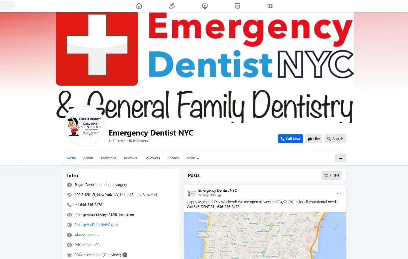 Facebook profile of Emergency Dentist NYC showing contact details, reviews, and call-to-action button Facebook profile of Emergency Dentist NYC showing contact details, reviews, and call-to-action button