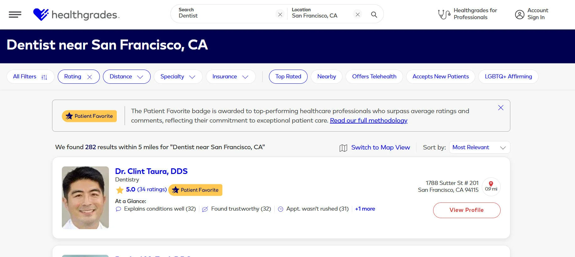 Healthgrades listing for a San Francisco dentist with star rating, reviews, and ‘Patient Favorite’ badge Healthgrades listing for a San Francisco dentist with star rating, reviews, and ‘Patient Favorite’ badge