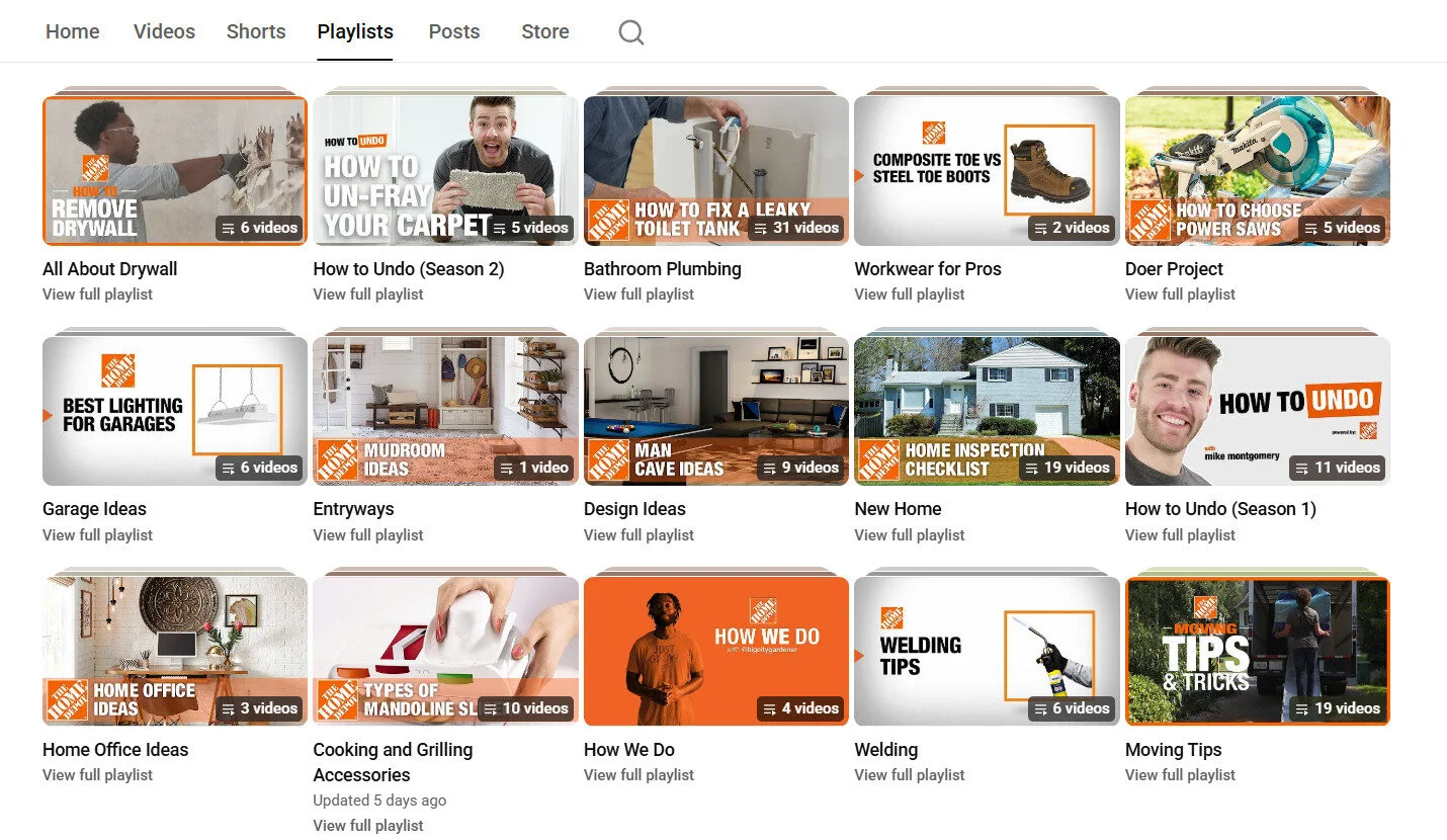 Home Depot YouTube channel page featuring playlists on home improvement topics Home Depot YouTube channel page featuring playlists on home improvement topics