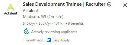 LinkedIn job posting showing the ‘Actively reviewing applicants’ tag for a Sales Development Trainee role