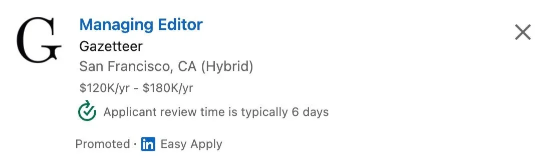 LinkedIn job posting showing the ‘Applicant review time is typically 6 days’ tag for a role