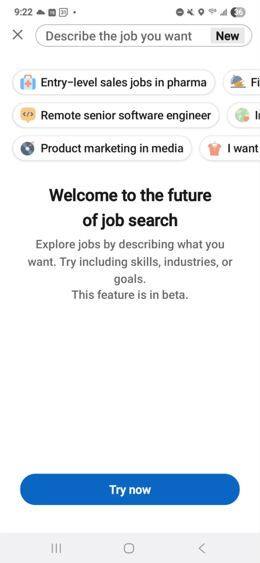 LinkedIn mobile app showing job search feature with job tags