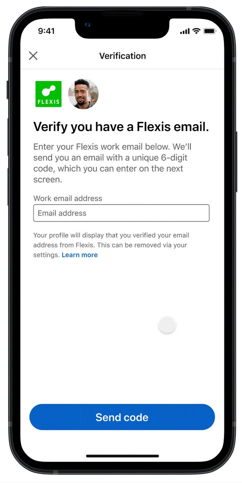 LinkedIn mobile screen showing the process to verify a work email for employee verification