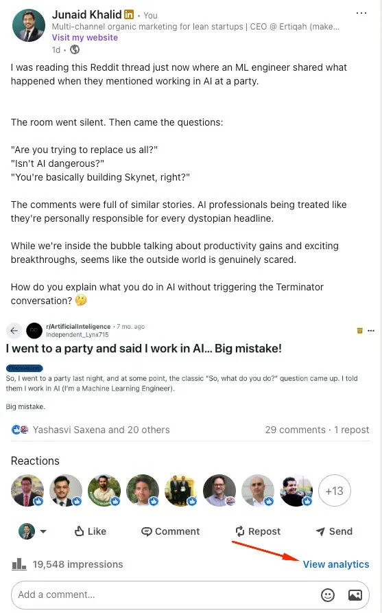 LinkedIn post with analytics showing reactions, comments, and impressions