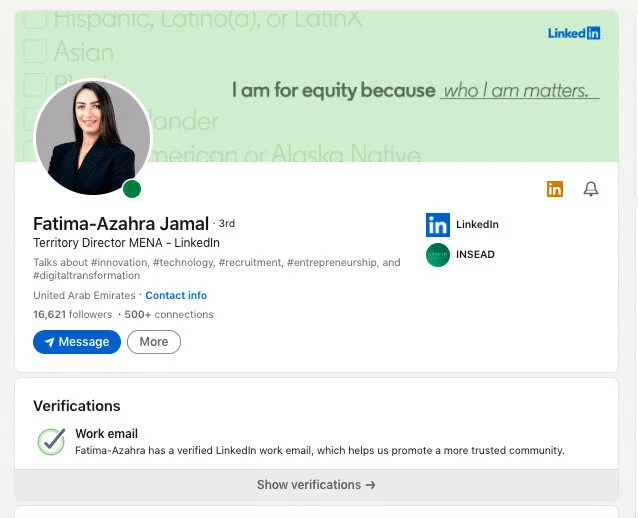 LinkedIn profile showing a verified work email with the verification badge highlighted