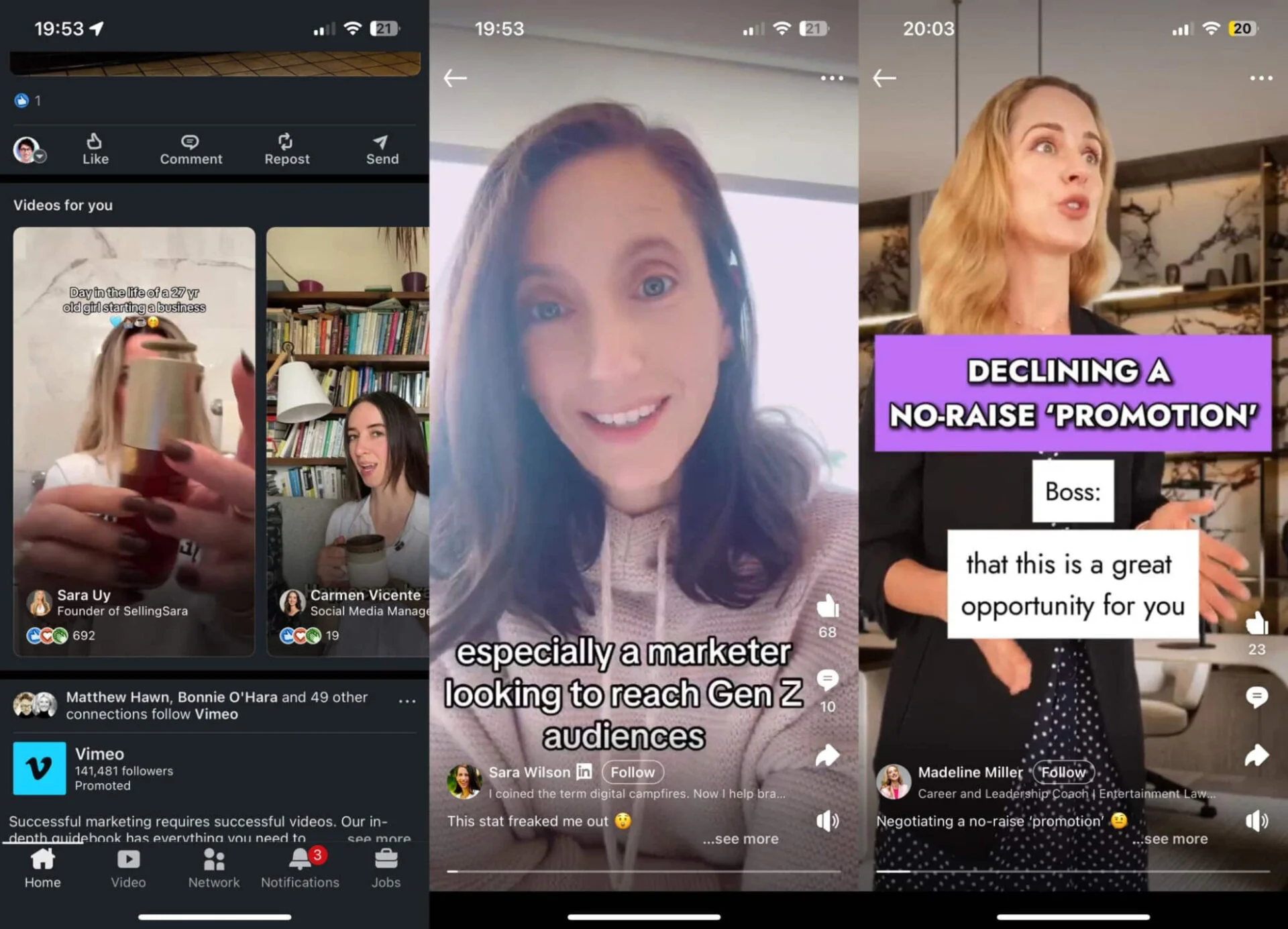 LinkedIn’s vertical video feed showing content from different users discussing various topics