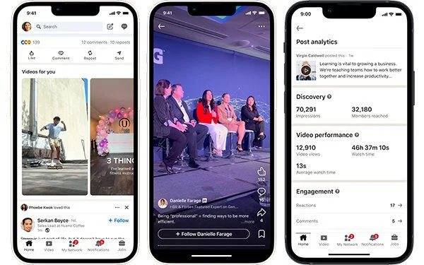 LinkedIn’s vertical video feed showing posts, along with post analytics, including impressions, video views, and engagement