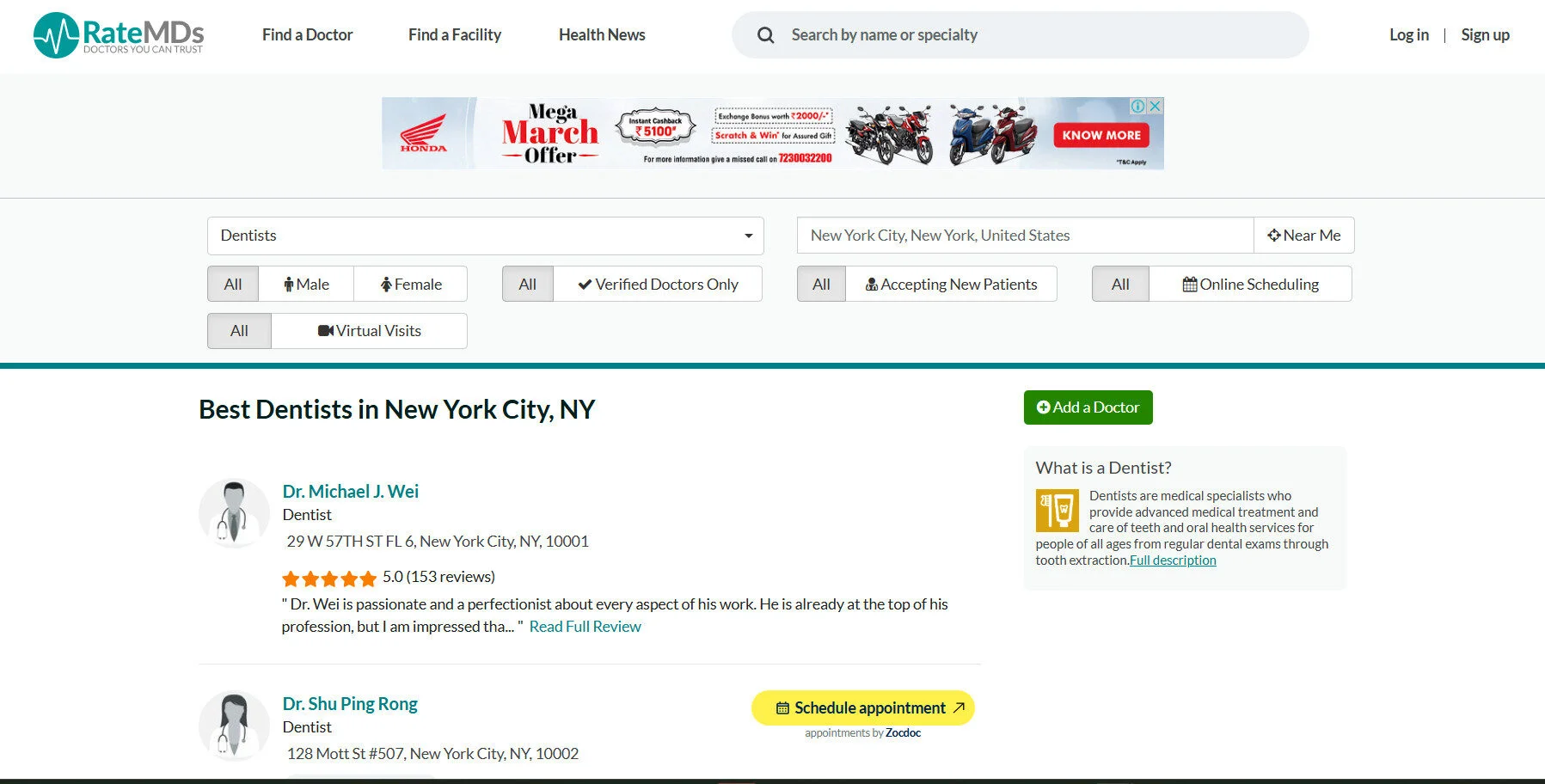 RateMDs dentist listing showing star ratings, patient reviews, and appointment options in New York City RateMDs dentist listing showing star ratings, patient reviews, and appointment options in New York City