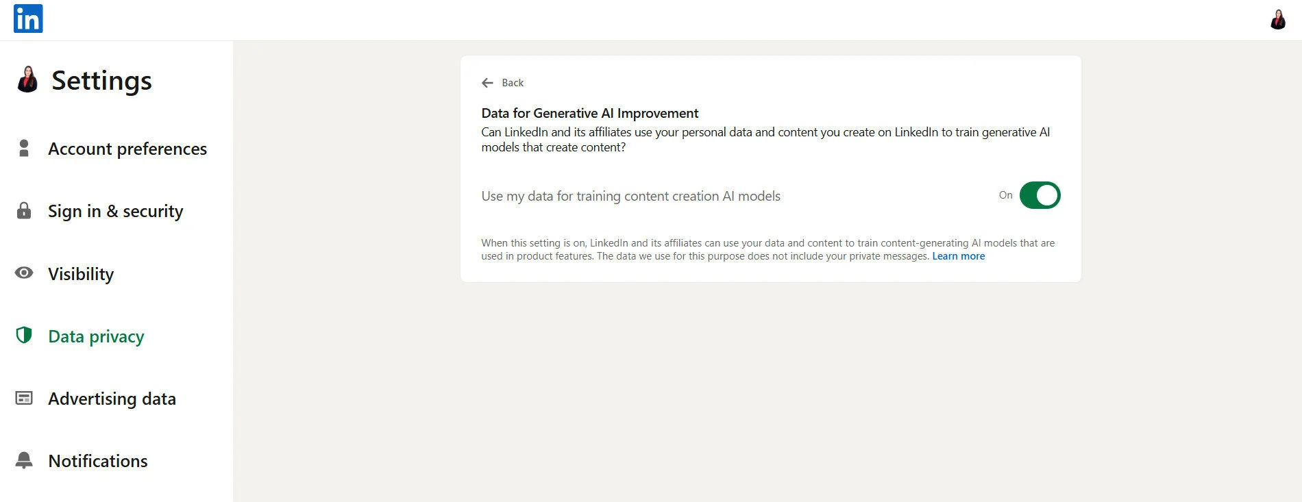 Screenshot of LinkedIn settings page showing the option to control data usage for AI model training