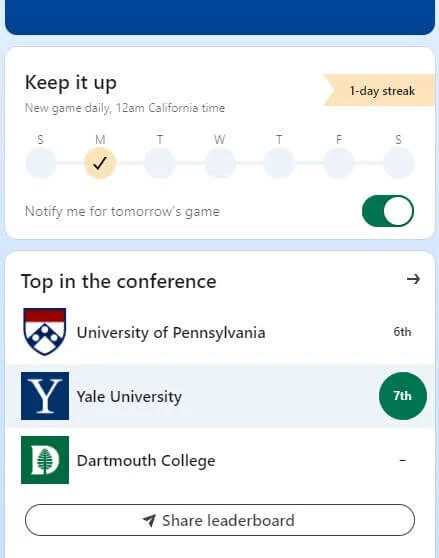 Screenshot of LinkedIn’s Zip game with a 1-day streak, showing the user’s progress