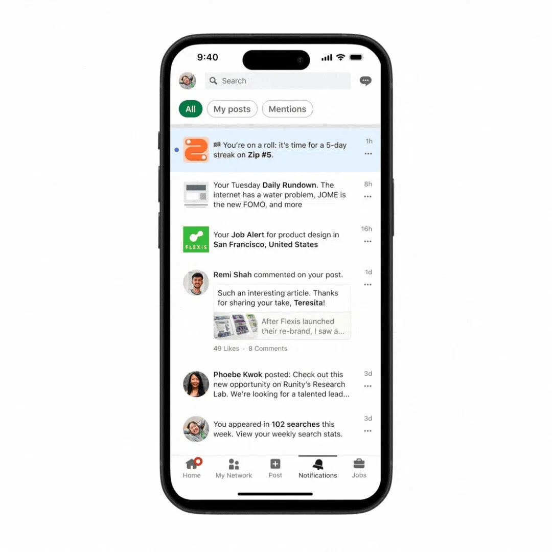 Screenshot of the LinkedIn mobile app showing the user’s feed with a notification about a 5-day Zip game streak