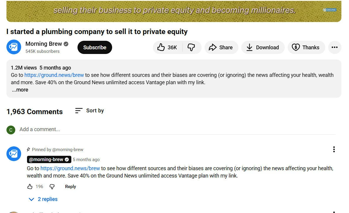 A YouTube video from Morning Brew showing a pinned comment promoting a 40% discount for Ground News