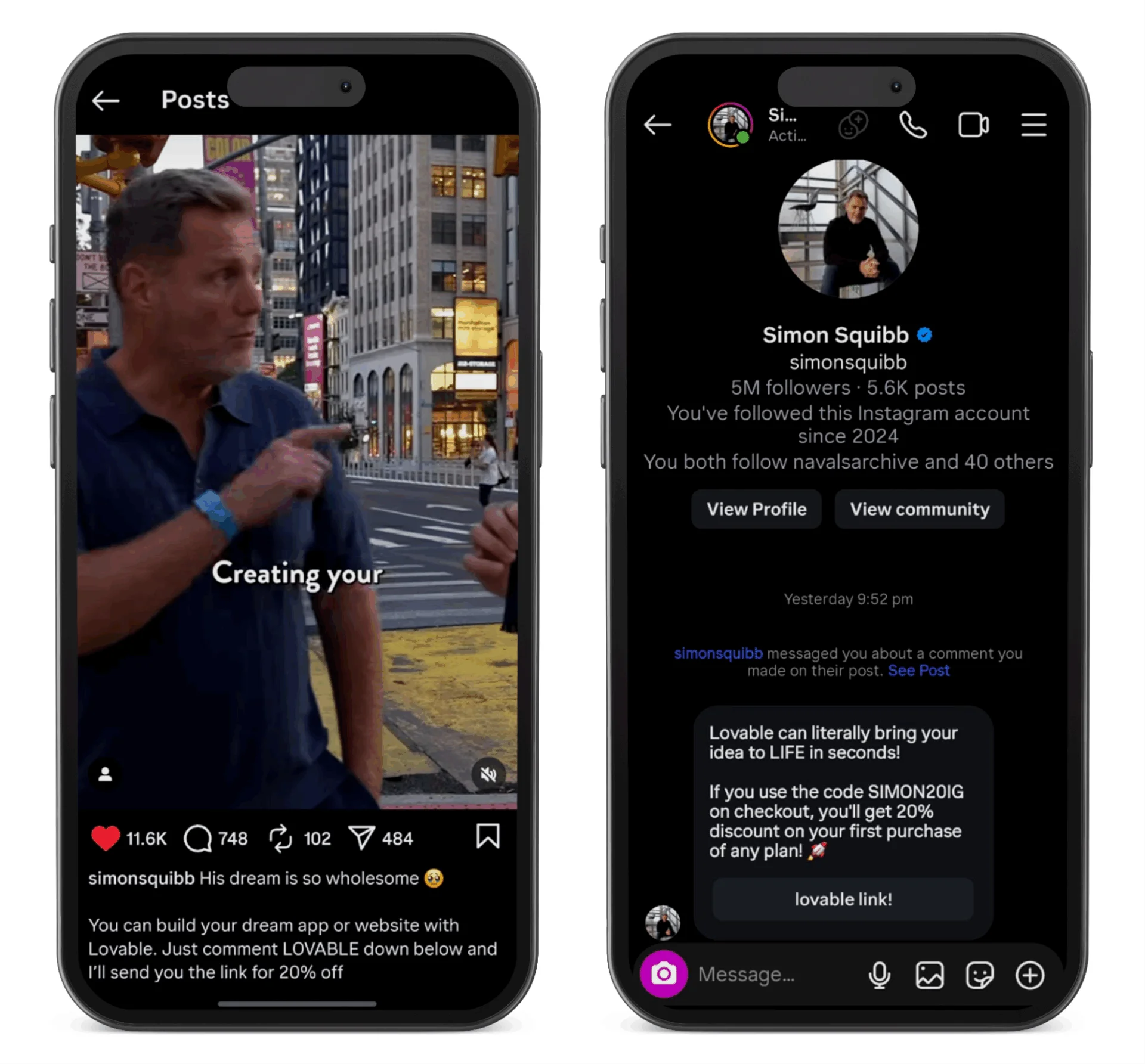 Instagram post and direct message from Simon Squibb promoting Lovable with a 20% discount code using DM automation