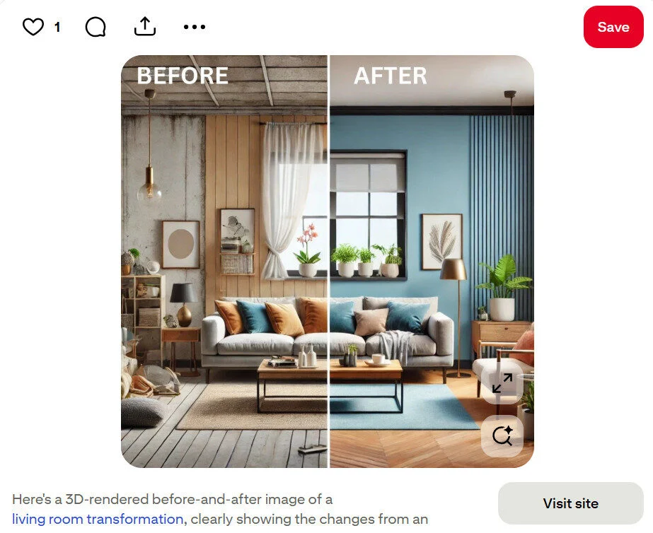 Static pin showing the before and after images of a living room Static pin showing the before and after images of a living room