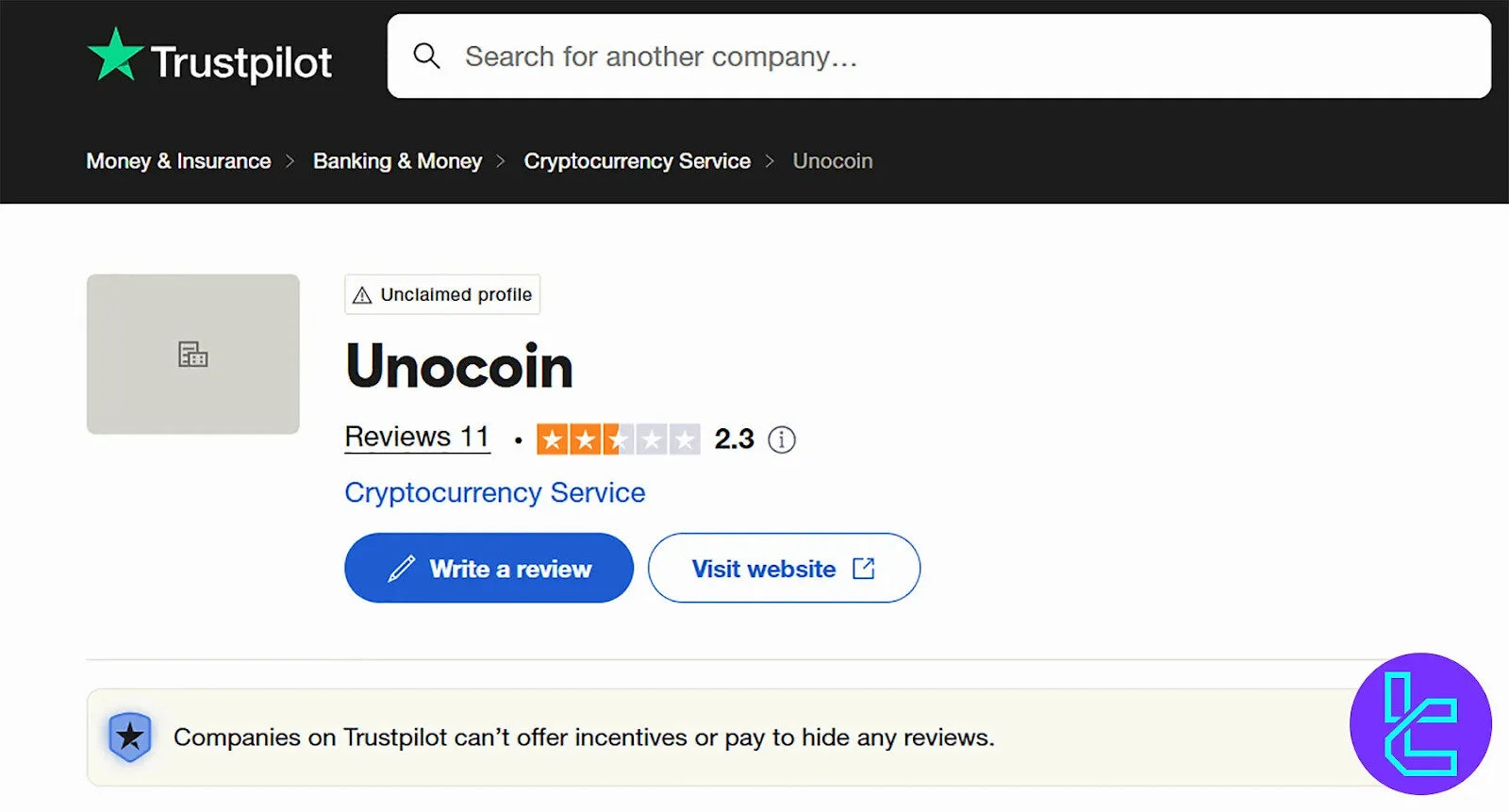 Unclaimed business page on Trustpilot