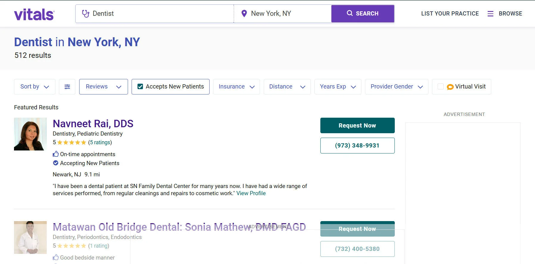 Vitals listing for a New York dentist showing 5-star rating and patient testimonials Vitals listing for a New York dentist showing 5-star rating and patient testimonials