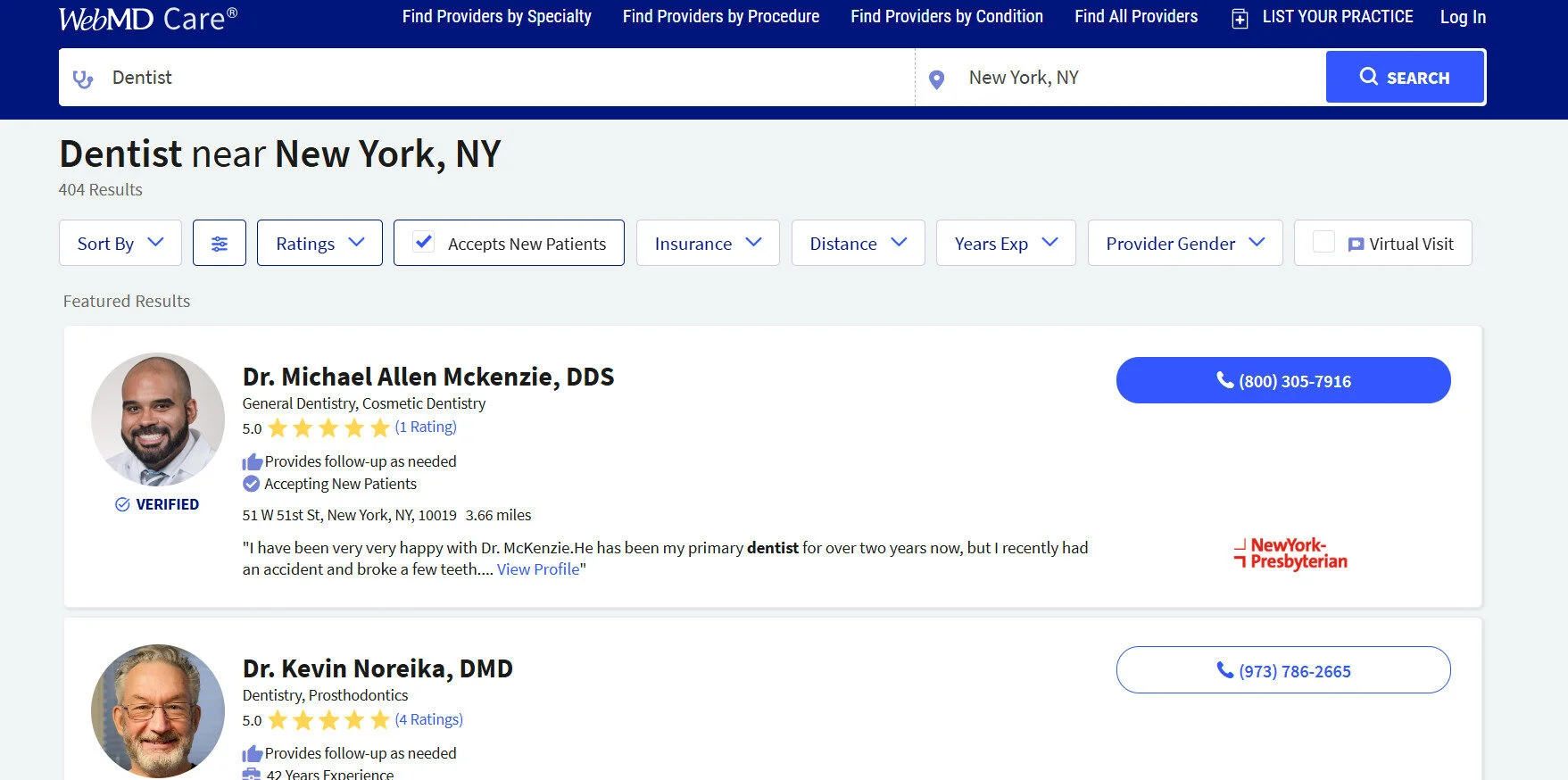 WebMD dentist search results with provider ratings, credentials, and appointment contact details WebMD dentist search results with provider ratings, credentials, and appointment contact details