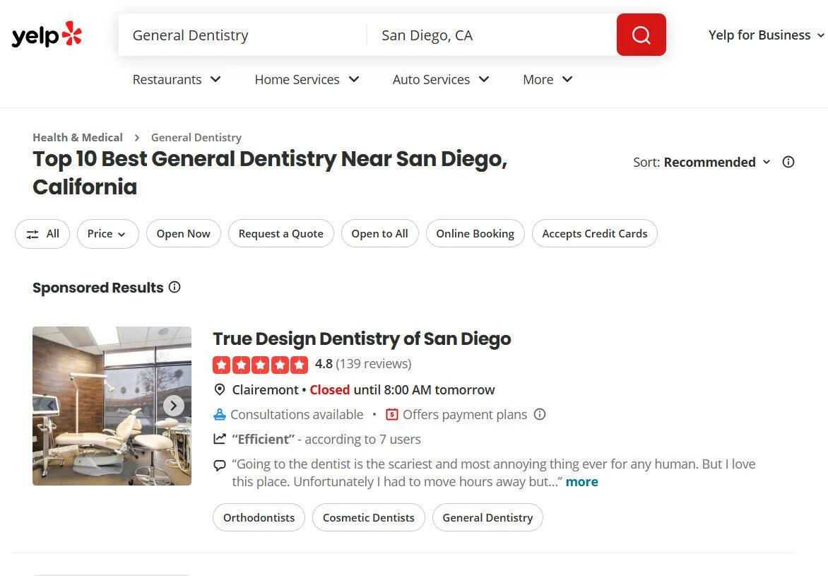 Yelp search results for a San Diego dental practice showing star rating, reviews, and service categories Yelp search results for a San Diego dental practice showing star rating, reviews, and service categories