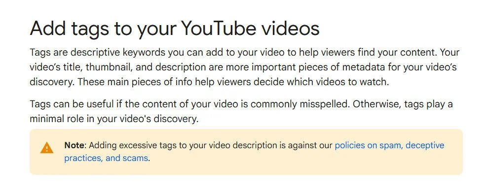 YouTube Studio help section explaining how to add tags to videos YouTube Studio help section explaining how to add tags to videos
