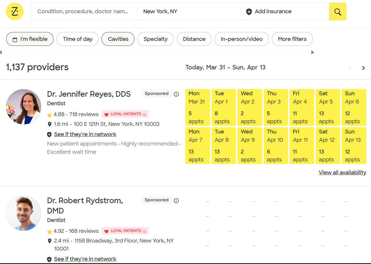 Zocdoc dentist search results in New York showing verified reviews, ratings, and appointment availability Zocdoc dentist search results in New York showing verified reviews, ratings, and appointment availability