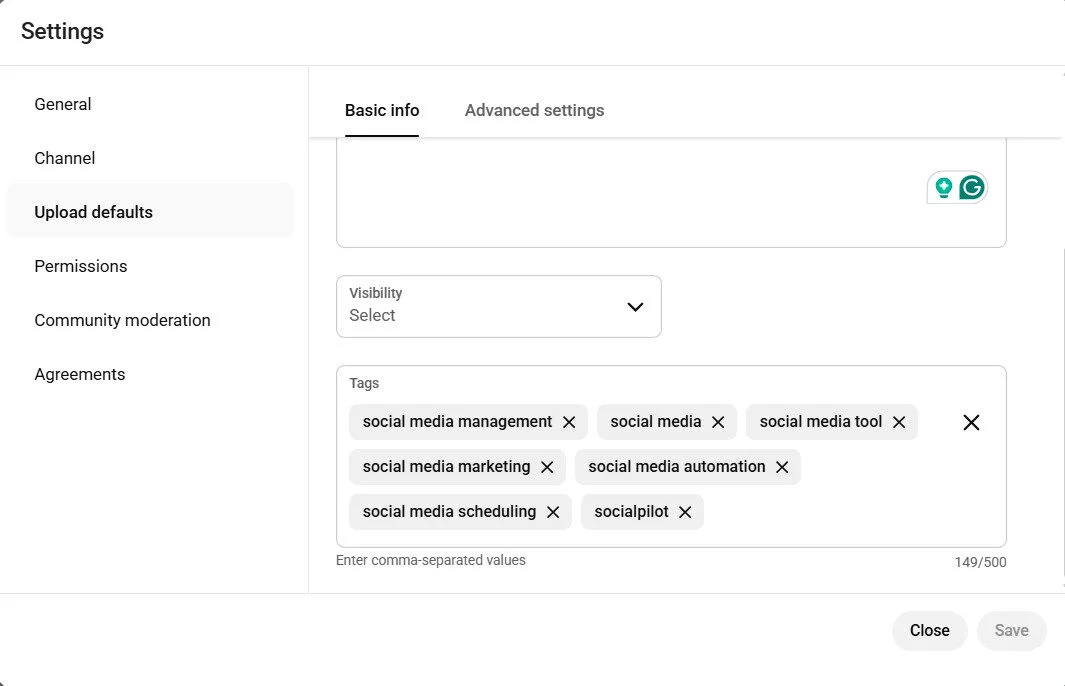Youtube Upload defaults window Youtube Upload defaults window