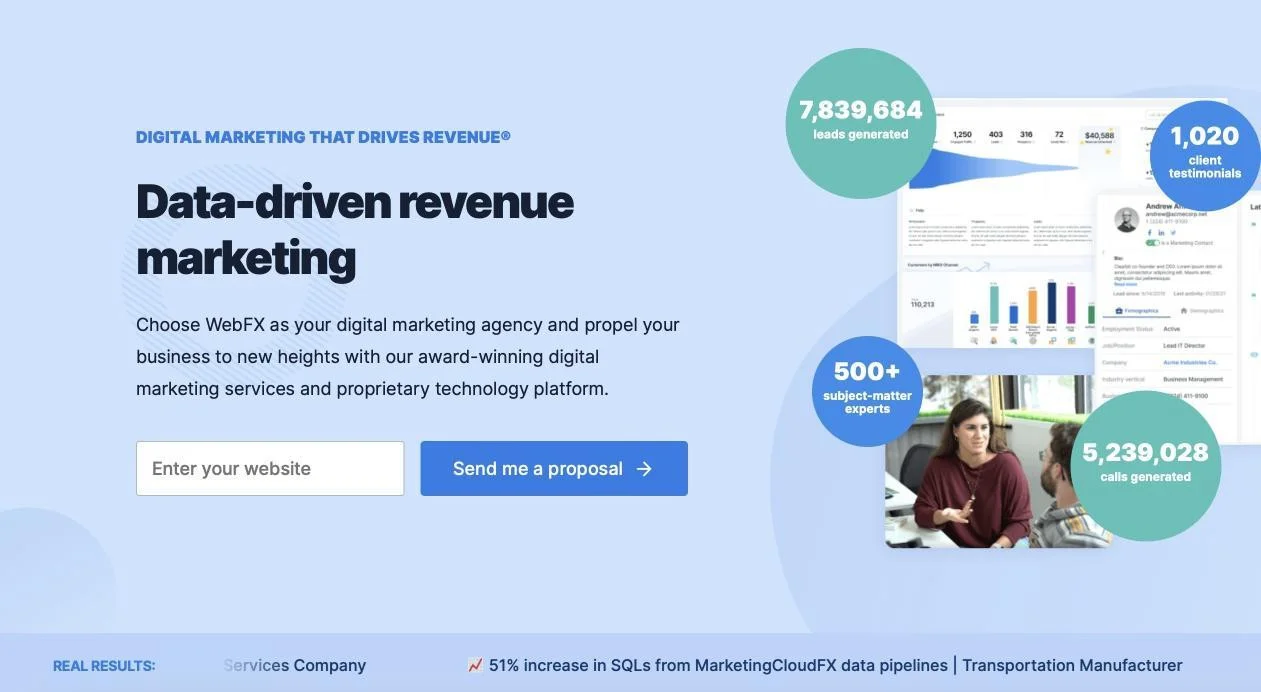 Example of a conversion boosting website, WebFX which embeds a contact form Example of a conversion boosting website, WebFX which embeds a contact form
