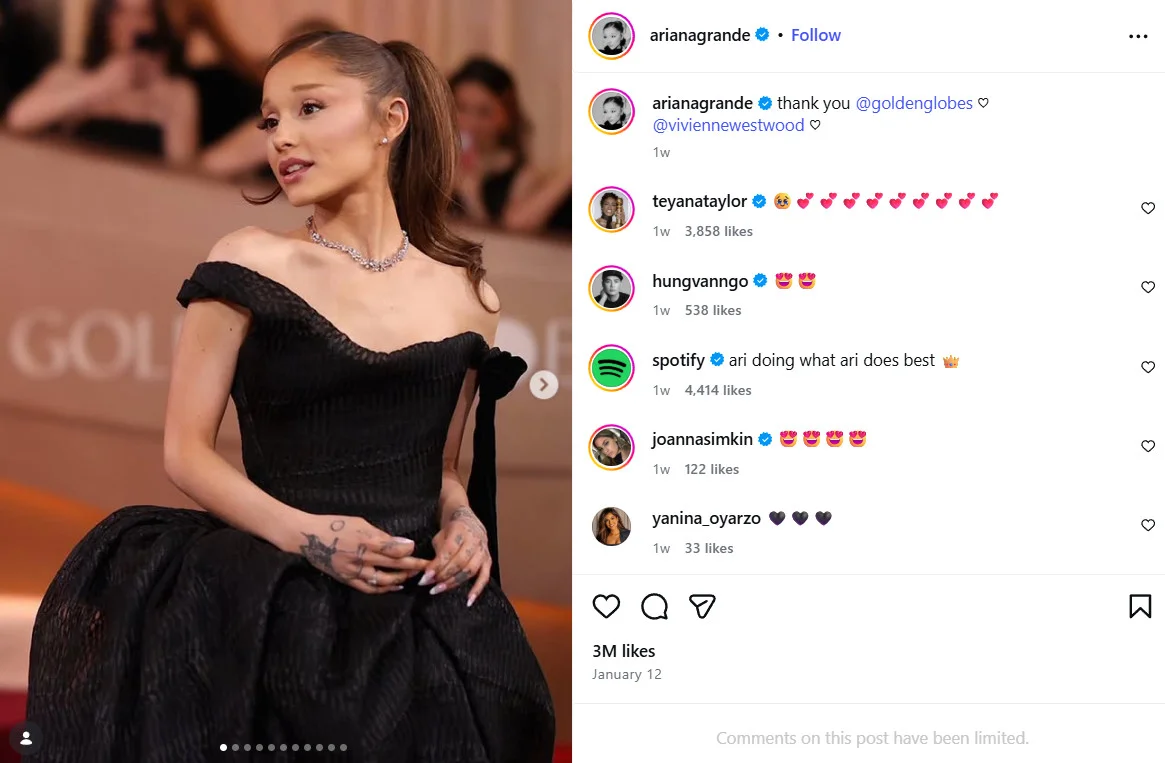 Ariana Grande at the Golden Globe, a picture from her Instagram feed Ariana Grande at the Golden Globe, a picture from her Instagram feed