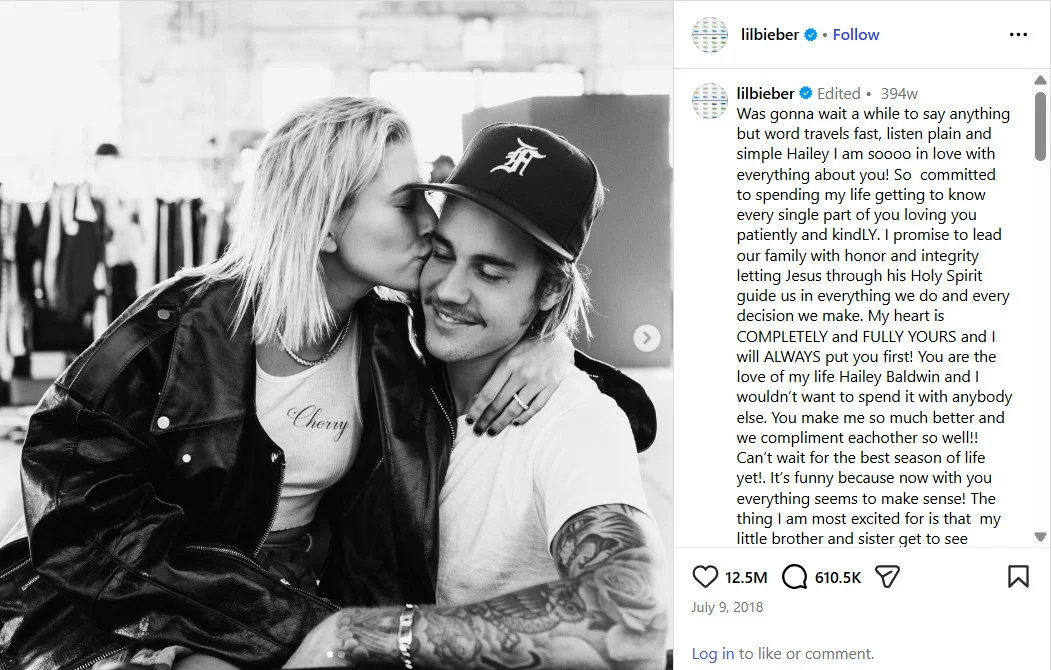 Justin Bieber’s Instagram post announcing his engagement with Hailey Baldwin Justin Bieber’s Instagram post announcing his engagement with Hailey Baldwin