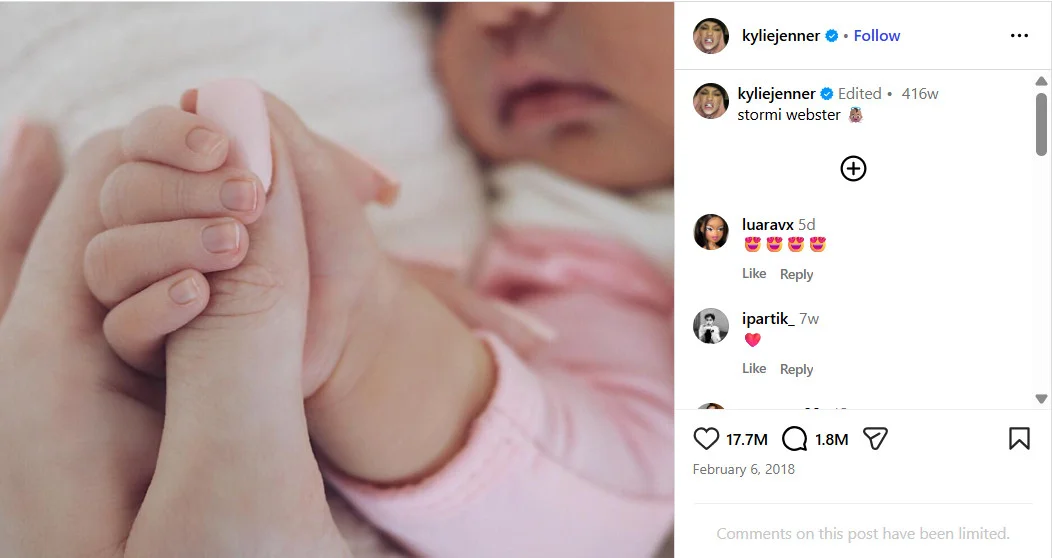 Kylie Jenner’s Stormi birth announcement post on Instagram Kylie Jenner’s Stormi birth announcement post on Instagram