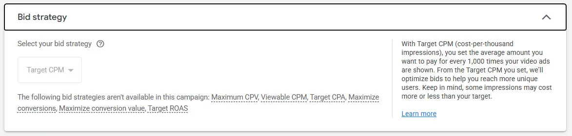 Select Bid strategy for youtube ad but in most cases google will set automatically based on your ad format Select Bid strategy for youtube ad but in most cases google will set automatically based on your ad format
