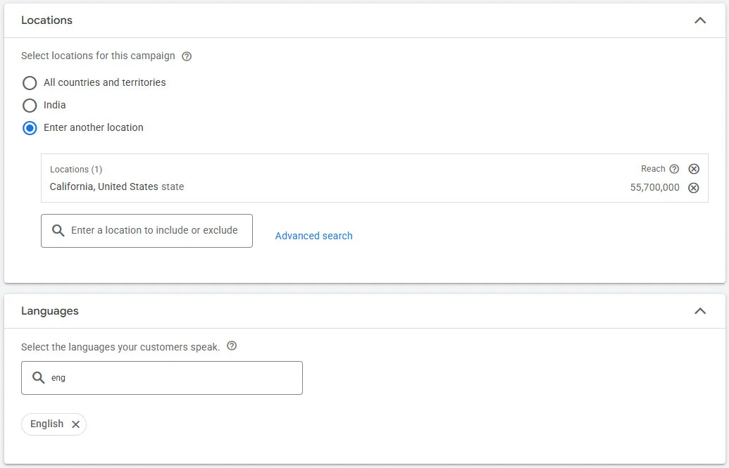 Select geographic targeting (countries, cities, radius, etc.). and audience language Select geographic targeting (countries, cities, radius, etc.). and audience language