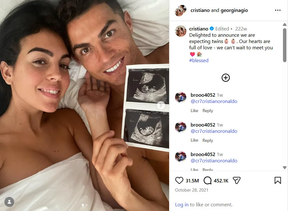 Twin announcement picture from Cristiano’s Instagram feed Twin announcement picture from Cristiano’s Instagram feed