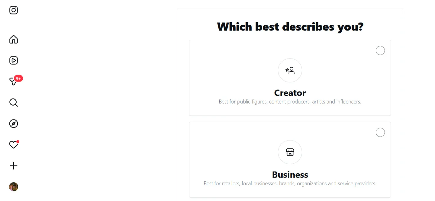 Instagram setup screen offering 