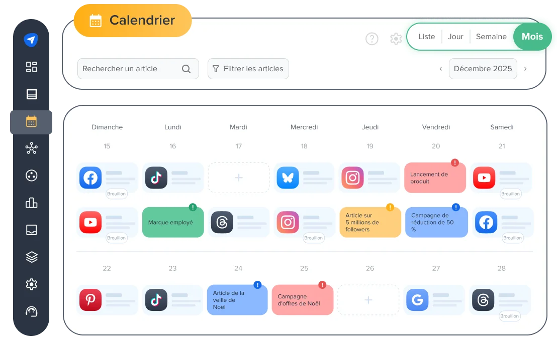 Interface du calendrier de contenu