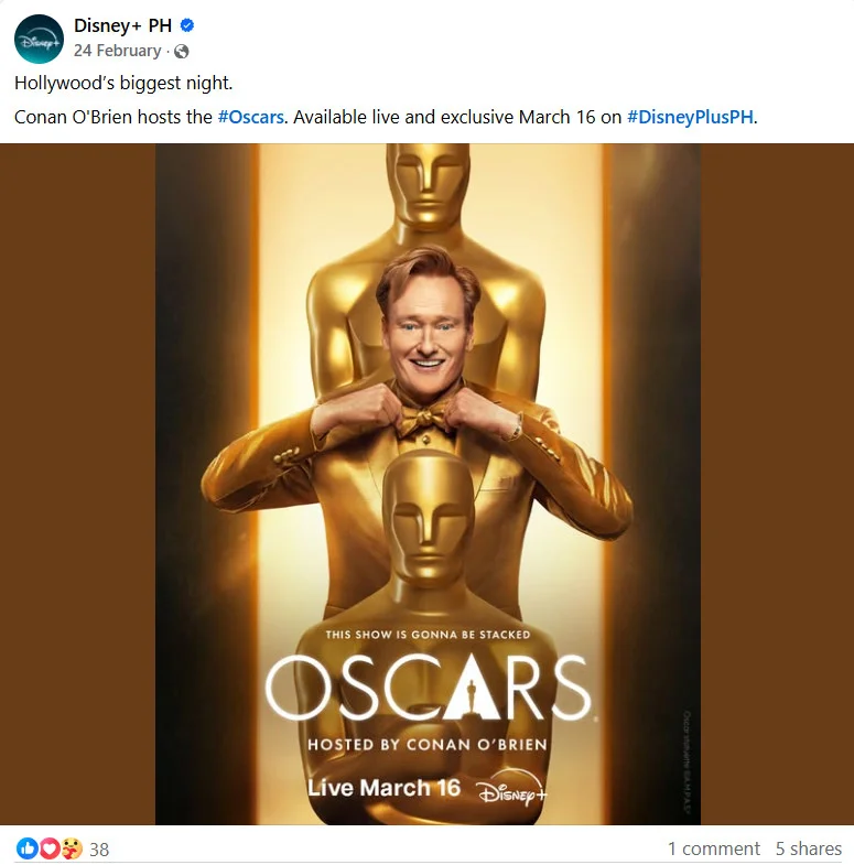 Disney Facebook post referencing the Oscars as a pop culture content tie-in opportunity Disney Facebook post referencing the Oscars as a pop culture content tie-in opportunity