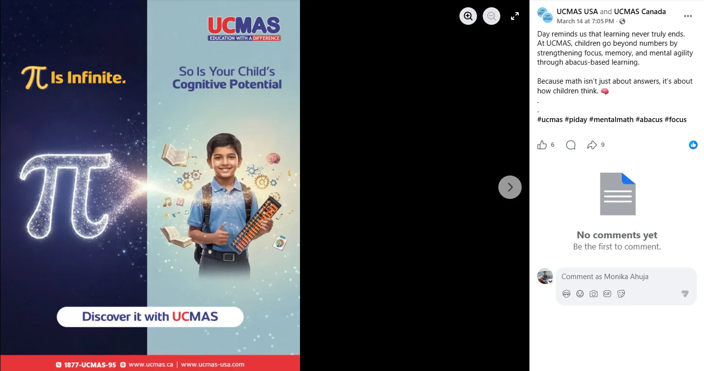 UCMAS Pi Day Facebook post connecting infinite cognitive potential in children as seasonal post UCMAS Pi Day Facebook post connecting infinite cognitive potential in children as seasonal post