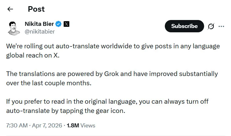 X introduced Automatic Grok-Powered Translations — 15 Languages, Live Now X introduced Automatic Grok-Powered Translations — 15 Languages, Live Now