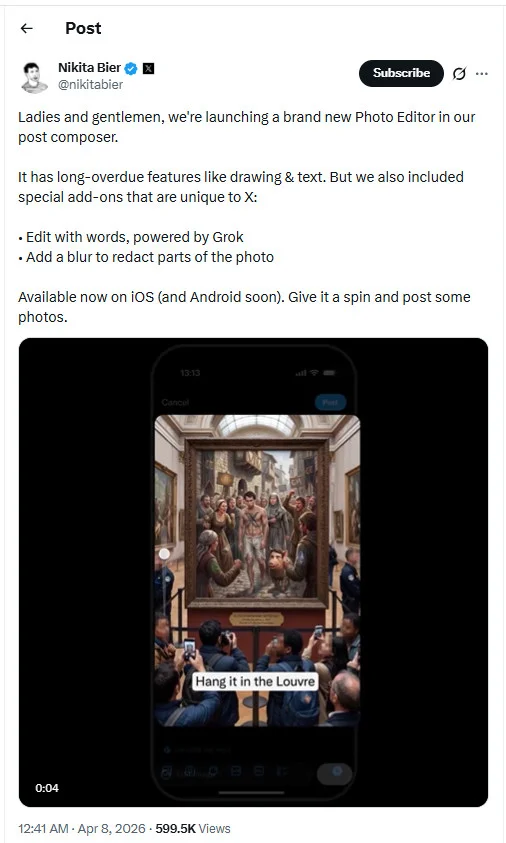 X's iOS app now includes Native In-App Photo Editing — Drawing Tools, Blur, and Grok AI Prompts X's iOS app now includes Native In-App Photo Editing — Drawing Tools, Blur, and Grok AI Prompts
