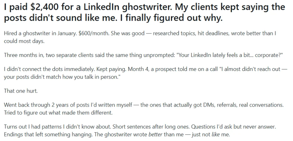 A reddit post by a SaaS founder talking about his LinkedIn ghostwriting experience