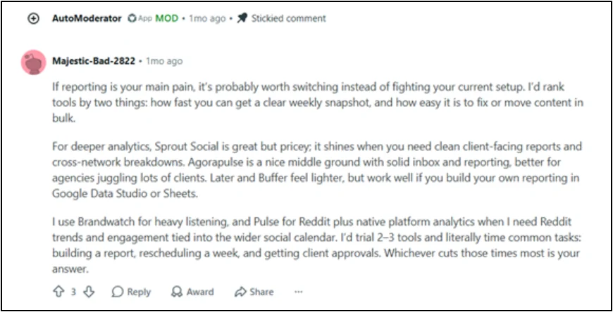Reddit r/SocialMediaManagers discussion on social media tool pricing and switching