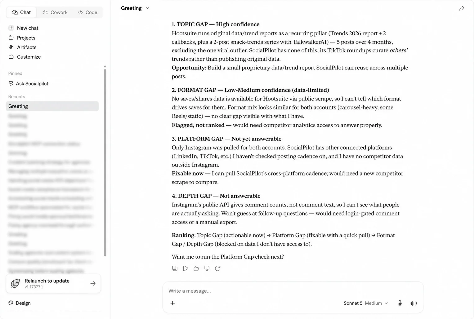 Claude analyzing the gaps in the client’s content by comparing it to competitor’s content Claude analyzing the gaps in the client’s content by comparing it to competitor’s content