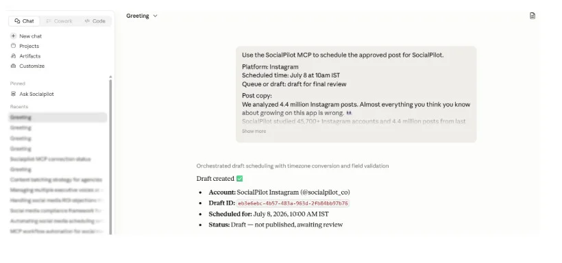 Finally, Claude schedules the post using SocialPilot MCP Finally, Claude schedules the post using SocialPilot MCP