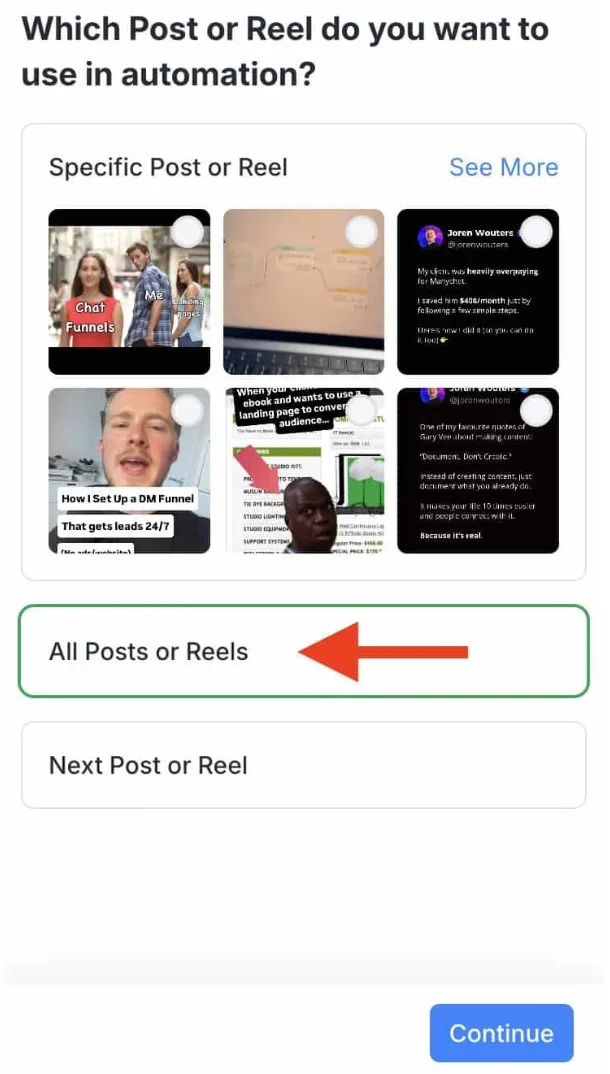 Selecting the posts or Reels for comment-to-DM automation Selecting the posts or Reels for comment-to-DM automation