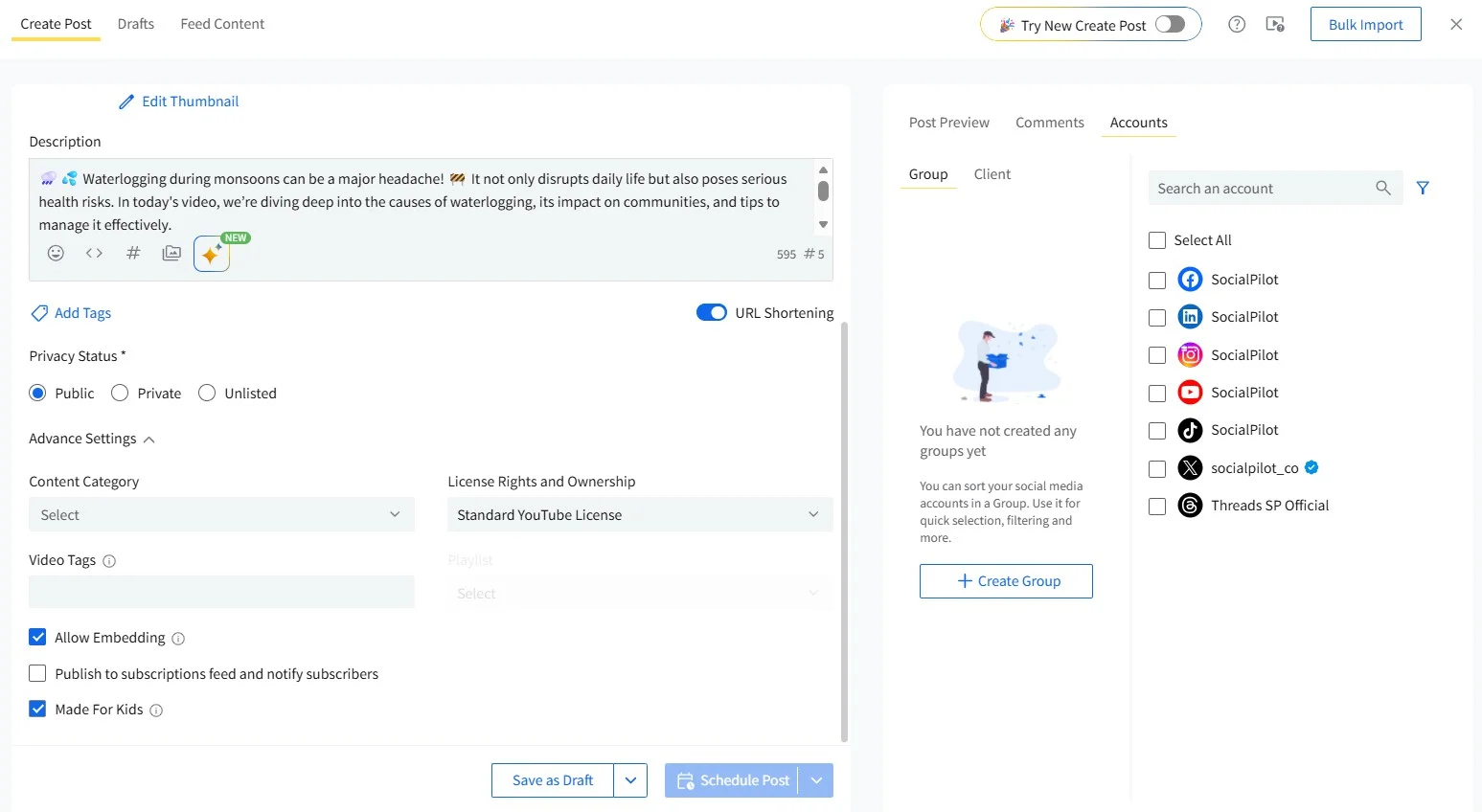 Adjust extra YouTube settings in SocialPilot Adjust extra YouTube settings in SocialPilot