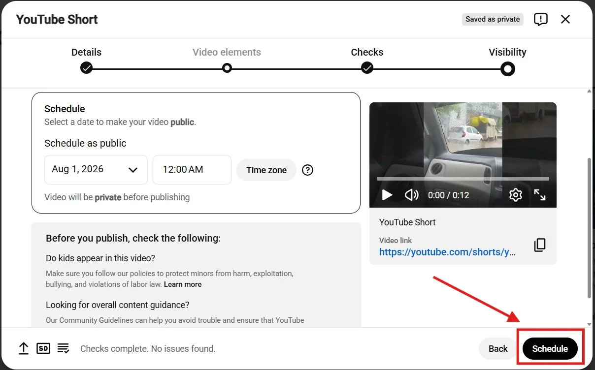 Click Schedule to confirm the YouTube video Click Schedule to confirm the YouTube video