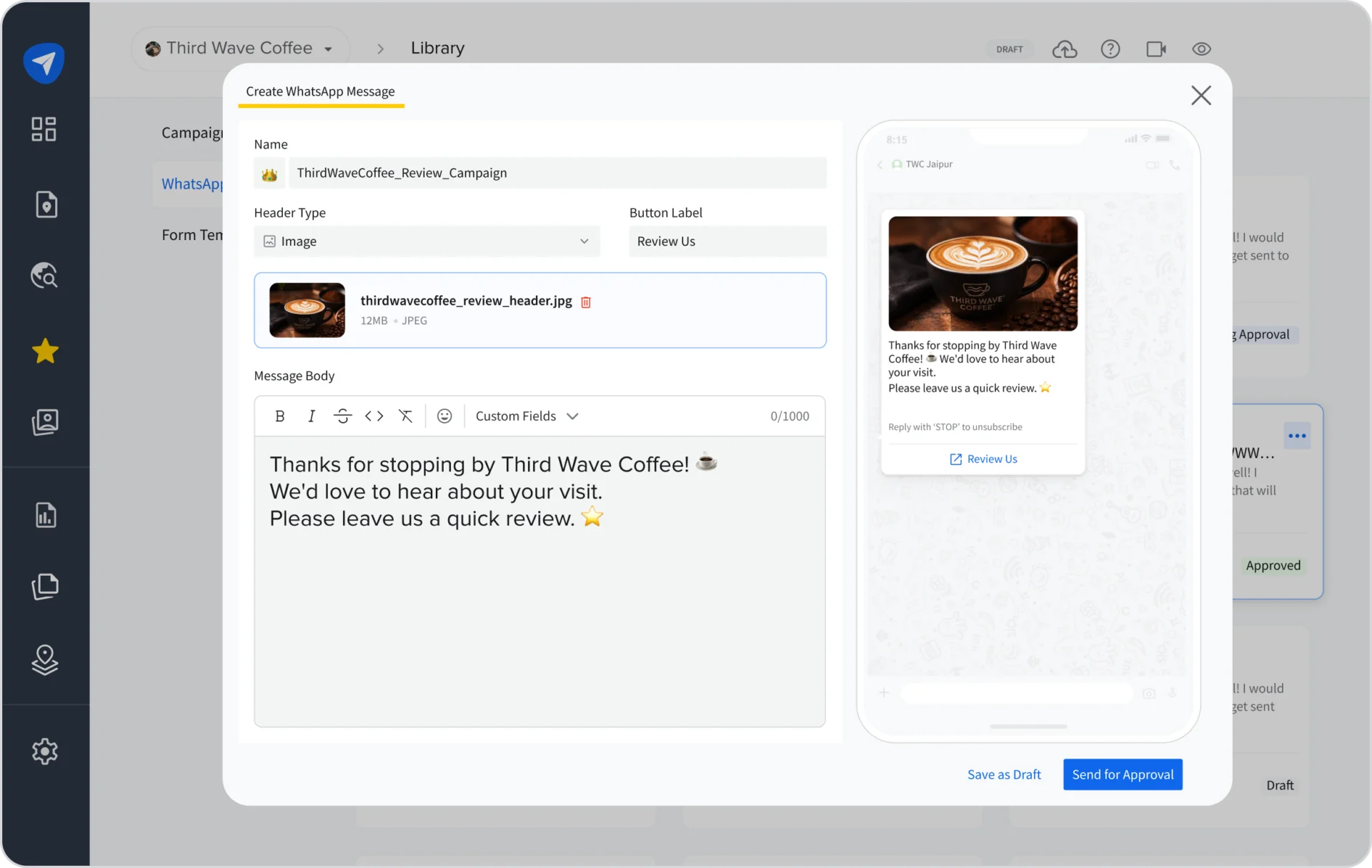 create review request campaigns for whatsapp